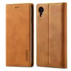 A brown leather flip case for a smartphone, shown open and closed. Produktbild-Vorschau