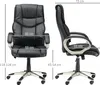 Two views of a black office chair with dimensions indicated by lines and text. Produktbild-Vorschau