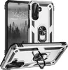 A silver and black phone case with a ring holder is displayed from multiple angles against a white background. Produktbild-Vorschau