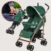 A green baby buggy is shown, with a close-up inset of a person folding it. Produktbild-Vorschau