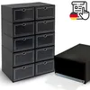 A stack of black shoe boxes with clear fronts, and one box shown separately with its drawer pulled out. Podgląd zdjęcia produktu