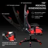 A gaming chair shown in multiple reclining positions with text overlays highlighting its features. Produktbild-Vorschau