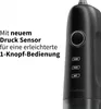 Close-up of a black electric toothbrush handle with text overlay describing its features. Produktbild-Vorschau
