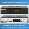 A product shot of a digital receiver, showing both the front and back views, with marketing text overlay. Produktbild-Vorschau