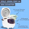A collage featuring a white rice cooker and a green pot, with text overlays highlighting product features. Produktbild-Vorschau