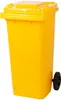 A yellow trash bin with wheels against a white background. Voir les images du produit
