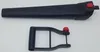 Two black plastic parts, likely components of a leaf blower or vacuum, are displayed against a white background. One is a long, slender tube with a red button on the end, and the other is a U-shaped handle with a red knob. Produktbild-Vorschau