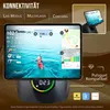 A tablet displaying a rowing simulation app is shown mounted on a rowing machine. The app shows a virtual rowing course, user statistics, and a map. The rowing machine base has a digital display. Produktbild-Vorschau