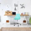 A modern home office setup with a turquoise desk chair in front of a wooden desk. Náhled obrázku produktu