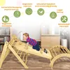 A young child is playing on a wooden climbing structure indoors. Produktbild-Vorschau