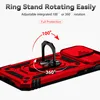 A red phone case with a ring stand and camera cover is shown with diagrams illustrating its rotation. Produktbild-Vorschau