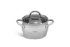 A stainless steel pot with a glass lid and two handles, shown on a white background. Produktbild-Vorschau