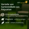 A marketing image highlighting the benefits of polyrattan garden furniture with icons and text. Produktbild-Vorschau
