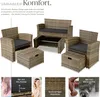 A rattan seating group with cushions and a coffee table, presented with descriptive text and smaller inset images highlighting features. Náhled obrázku produktu