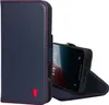 A dark blue leather wallet case for an iPhone is shown open, with the phone inside and partially visible. Anteprima dell’immagine prodotto