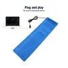 A blue silicone keyboard is shown connected to a laptop via USB, with text indicating 'Plug and play' and 'No need to download drivers'. Podgląd zdjęcia produktu