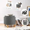 A collage of images showing a round ottoman in different uses: as a seat, a footrest, storage, and a side table. The main image shows the ottoman with books on top. Produktbild-Vorschau