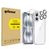 A product packaging box and a clear phone case with screen and camera protectors for an iPhone. Produktbild-Vorschau