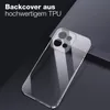 A clear phone case is shown on a dark background. Produktbild-Vorschau