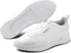 A pair of white Puma R78 SL Runner Uni sneakers are shown from a slightly elevated angle, with one shoe in the foreground and the sole of the other shoe visible behind it. Anteprima dell’immagine prodotto