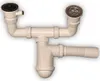 A white plastic sink trap assembly with two inlets and a flexible outlet pipe. Produktbild-Vorschau