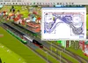 A 3D rendering of a model train layout, with a software interface showing a track plan in the background. Anteprima dell’immagine prodotto