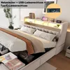 A bedroom scene featuring a large bed with storage and a headboard with integrated lighting and charging ports. Náhled obrázku produktu