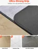 Close-up of a rug's underside showing its non-slip particles, with three smaller images below demonstrating its compatibility with different floor types. Produktbild-Vorschau