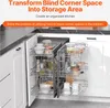 A corner kitchen cabinet with a pull-out organizer filled with kitchen items. Náhľad obrázku produktu