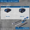 The image displays two battery packs with different capacities and their corresponding runtimes, along with a telescopic hedge trimmer. It serves as marketing material to showcase the product's features and battery options. Náhľad obrázku produktu