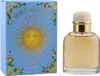 Hellblauer Karton mit Sonnenmotiv und gelben Zitronen, daneben runder Glasflakon mit goldener Kappe und heller Duftflüssigkeit. Náhled obrázku produktu
