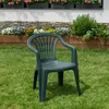 A green plastic garden chair sits on a grassy lawn in front of a flower bed and a white wall. Náhled obrázku produktu