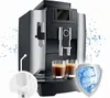 A coffee machine with two cups of coffee in front of it, and inset images showing a water filter and a shield graphic with water splashing. Náhled obrázku produktu