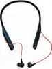 A pair of black neckband headphones with red wires is shown against a white background. Voir les images du produit