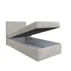 A beige upholstered bed frame with the storage compartment open, showing the inside. Produktbild-Vorschau