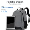 A grey backpack and a silver tablet are displayed next to each other, with text describing the backpack's size and weight. Produktbild-Vorschau
