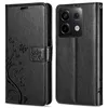 A black flip wallet case for a Xiaomi Redmi Note 13 Pro 5G phone is shown open and closed. Produktbild-Vorschau