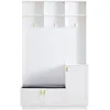 A white entryway cabinet with a bench and hooks. Produktbild-Vorschau