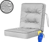 A gray cushion for a swing or bench, with a close-up inset showing water droplets on fabric, and a hand in a blue glove cleaning a corner with a yellow sponge. Podgląd zdjęcia produktu