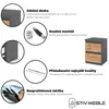A collage of images showcasing the features and details of a gray nightstand with wood-tone drawers, along with close-ups of its components and assembly hardware. Náhled obrázku produktu