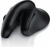 A black ergonomic mouse is shown on a white reflective surface. Produktbild-Vorschau