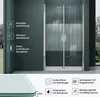 A shower door with various feature callouts and test result icons. Produktbild-Vorschau