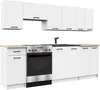A white modular kitchen set with cabinets, a countertop, a sink, and a stove. Podgląd zdjęcia produktu