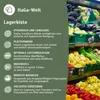 A split image showing a list of product features on the left and a display of fresh produce in a supermarket on the right. Produktbild-Vorschau