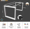 A 3D rendering of a table base with dimensions and feature icons. Produktbild-Vorschau