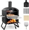 A black outdoor pizza oven with a pizza and meat cooking inside, along with various accessories displayed to the right. Produktbild-Vorschau
