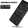 A black phone case with a ring holder and camera cover is shown against a white background, with text highlighting its features. Produktbild-Vorschau