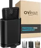 A black toilet brush with a silicone head and a black holder is shown next to a cardboard box with the brand logo and text. Three smaller images of the brush holder in different metallic finishes are at the bottom. Produktbild-Vorschau