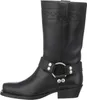 A black leather boot with a metal ring. Voir les images du produit
