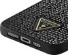 A close-up view of the bottom edge and textured back of a black smartphone case with a gold Guess logo. Produktbild-Vorschau